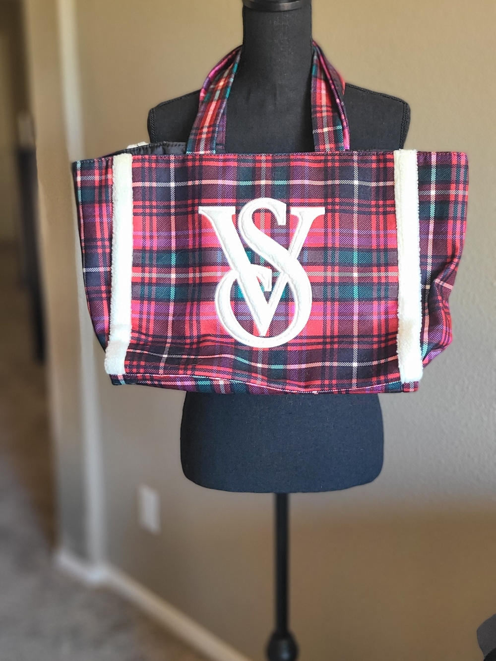 Victoria's Secret Pink and Black Plaid Tote with White Fuzzy Monogram